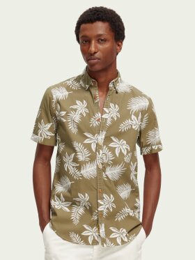 Scotch & Soda - Men's Regular Fit Printed Poplin Skjorte - Herre - Khaki Leaf